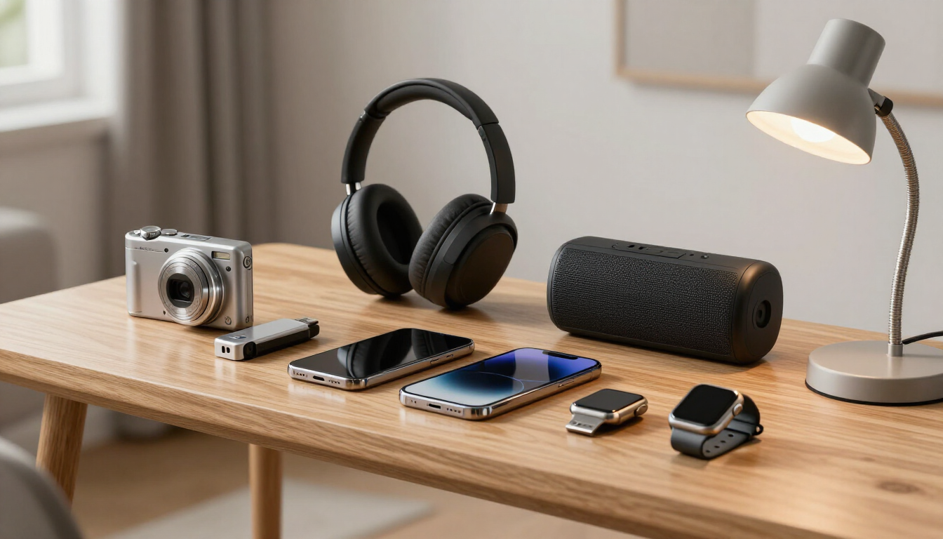 Escritorio de madera con auriculares, cámaras, teléfonos inteligentes, audífonos, altavoz y lámpara dispuestos de forma ordenada.