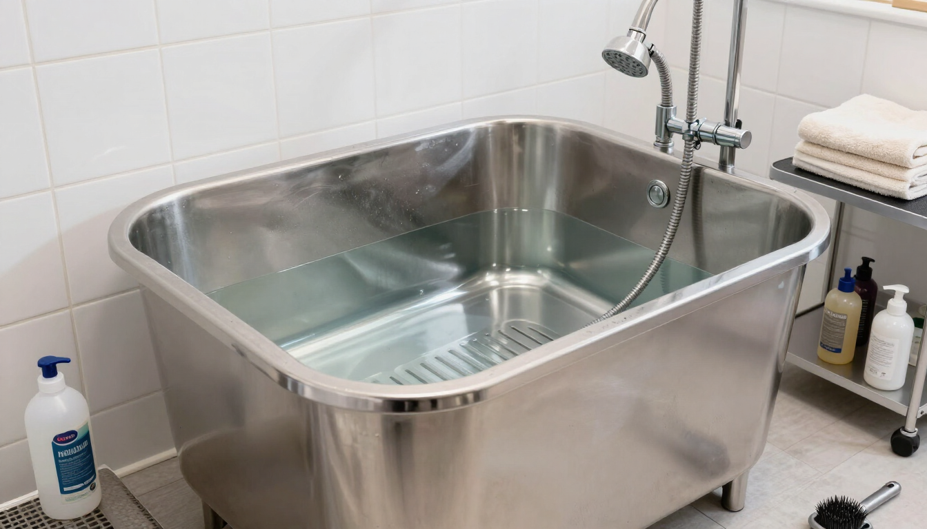 Lavabo veterinario de acero inoxidable en una sala de clínica alicatada con grifo, botellas de jabón y toallas dobladas cerca.