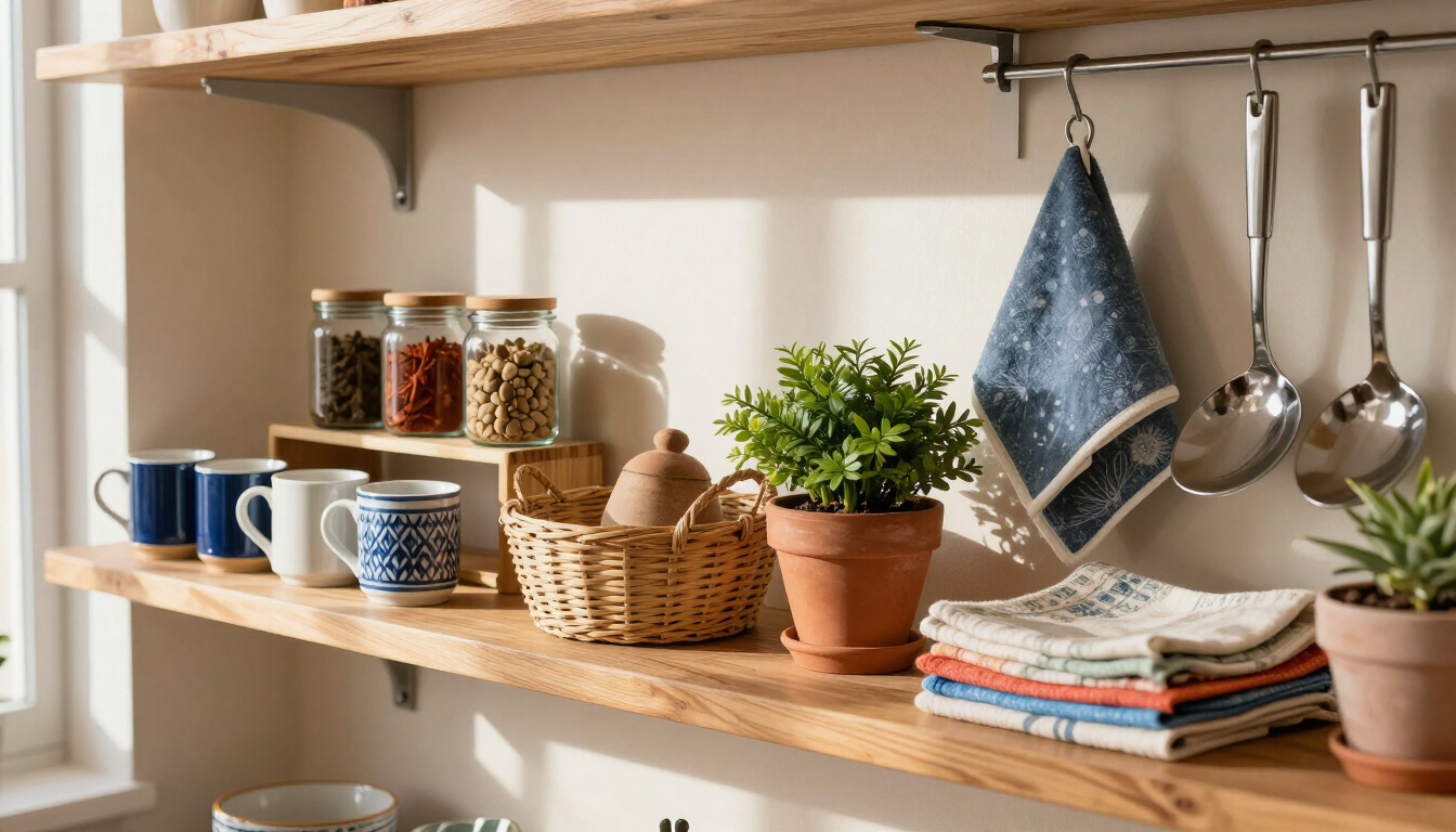 Estantes de cocina de madera con tazas, frascos, hierbas en macetas, platos apilados y utensilios colgantes bajo una luz cálida.