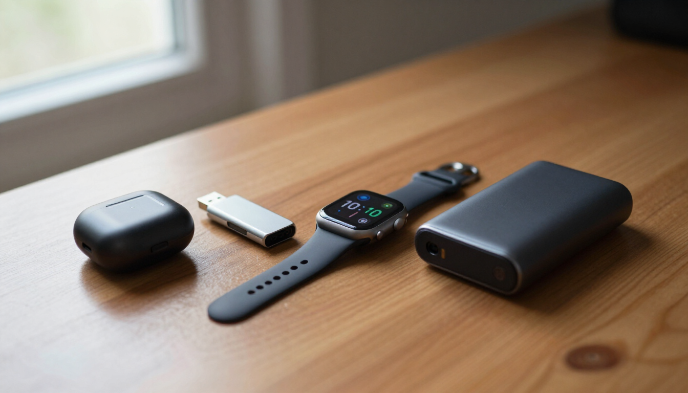 Apple Watch, estuche de AirPods, unidad USB pequeña y cargador portátil negro sobre una mesa de madera.