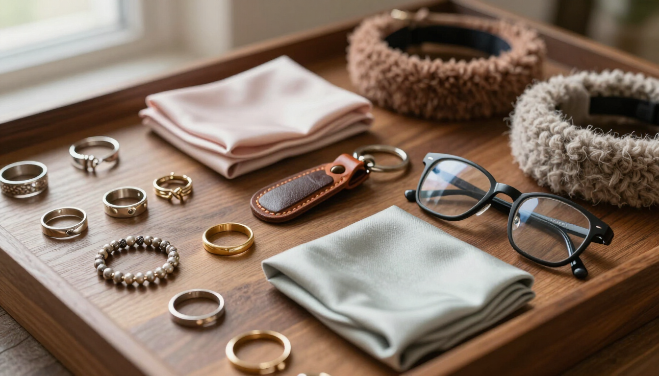 Varios anillos, pulseras, vasos y paños doblados estaban dispuestos en una bandeja de madera cerca de dos cuencos tejidos.