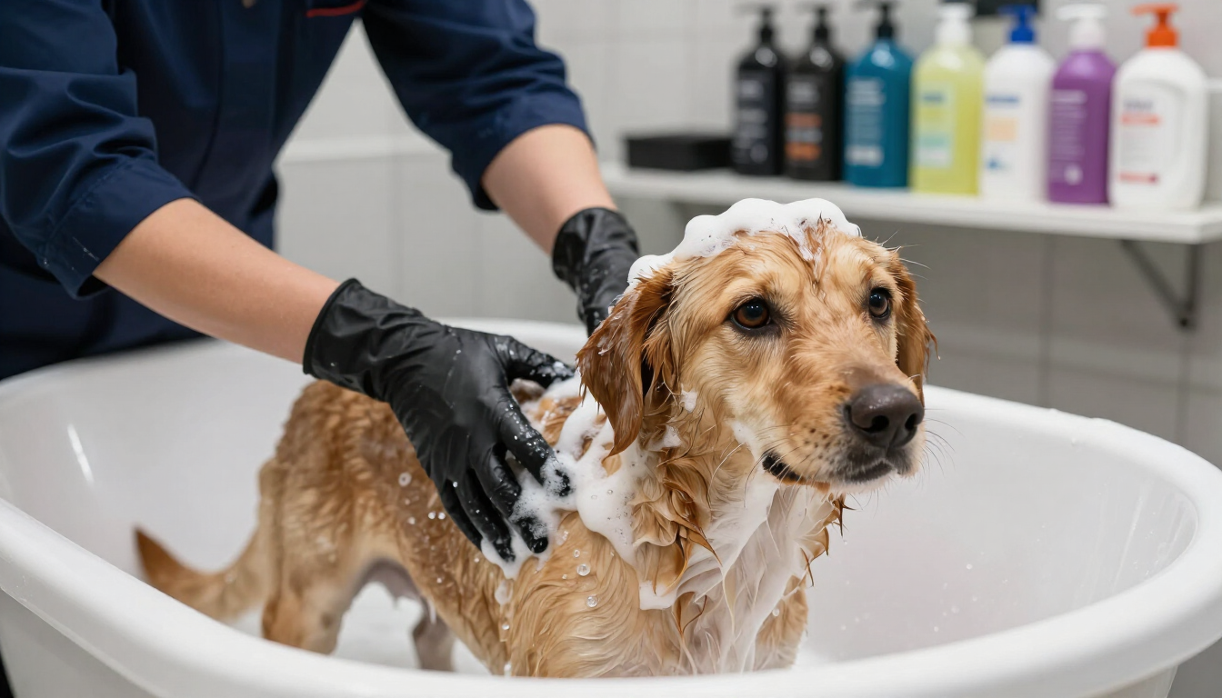 Un perro de pelaje marrón y blanco está siendo bañado en una bañera blanca por una persona que lleva guantes negros.