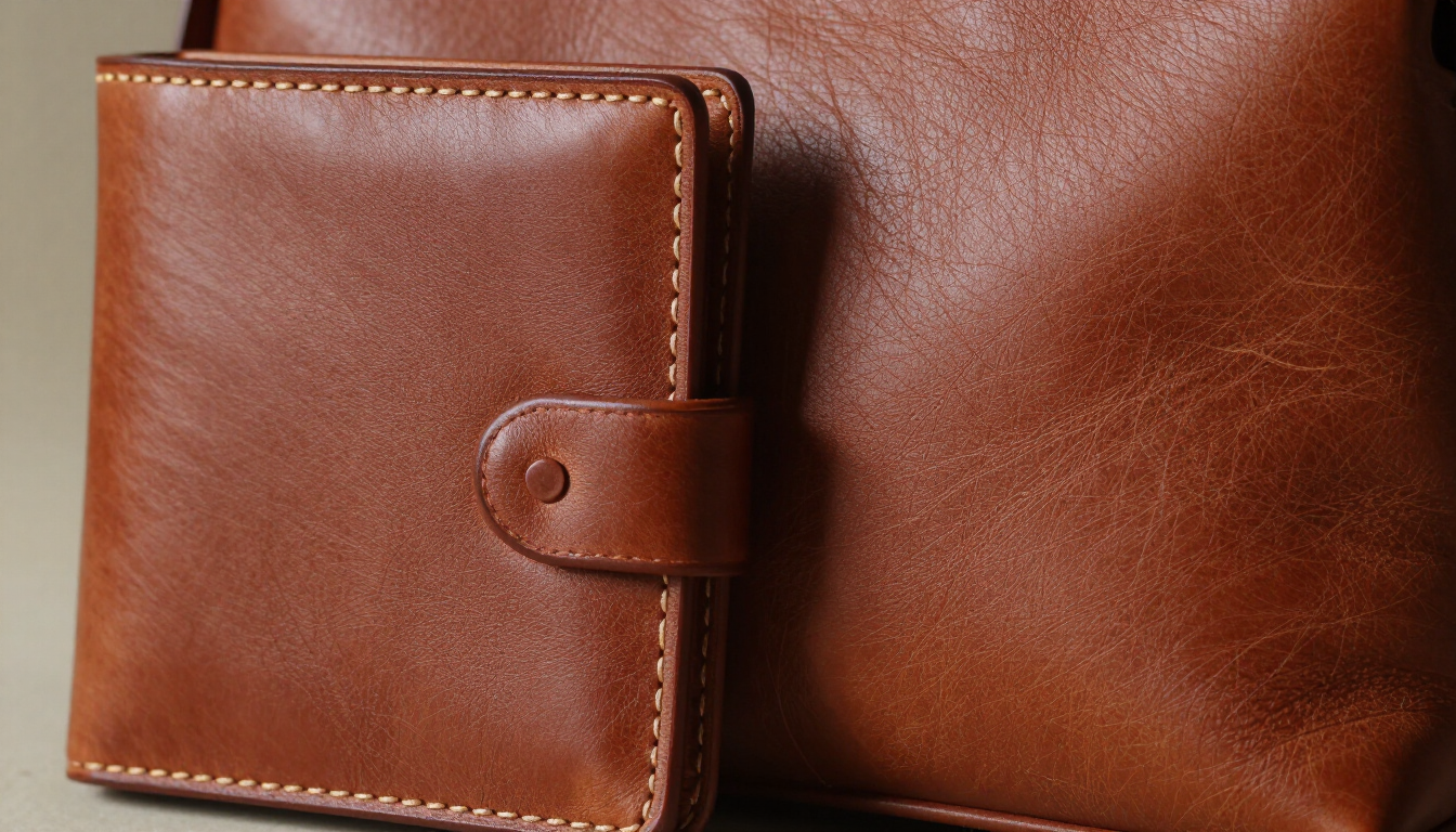 Cartera de cuero marrón sobre un fondo de bolso de cuero a juego.