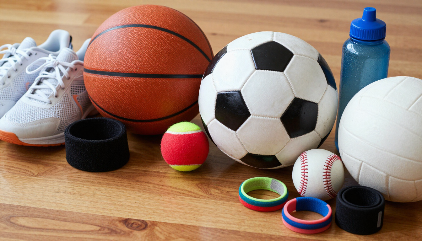Artículos deportivos variados sobre un suelo de madera: zapatillas deportivas, balón de baloncesto, balón de fútbol, ​​botella de agua, pelota de tenis y pelotas de béisbol.
