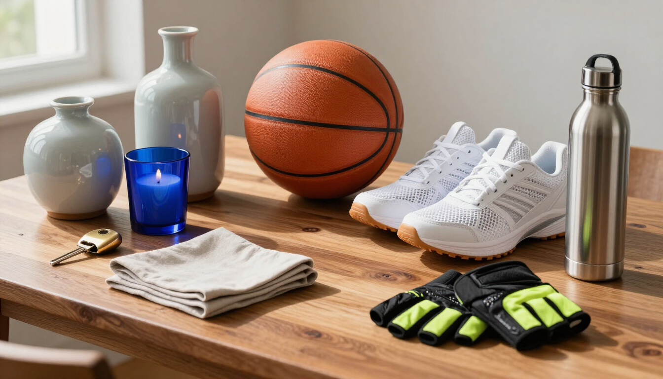 Artículos deportivos y de bienestar sobre una mesa de madera, que incluyen una pelota de baloncesto, zapatos, guantes, una botella de agua y toallas.