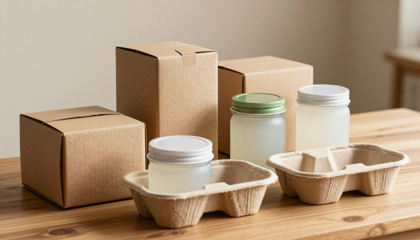 Envases y tarros de cartón para alimentos sobre una mesa de madera, incluyendo dos bandejas compostables y tres cajas para llevar.