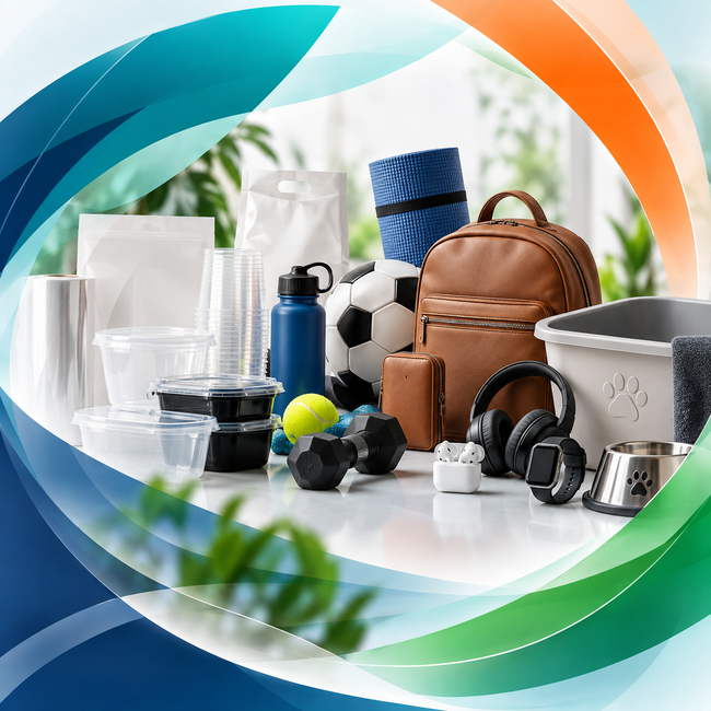 Composición con temática de reciclaje de envases, botellas, bolsas y artículos deportivos reutilizables en anillos azules, verdes y naranjas.