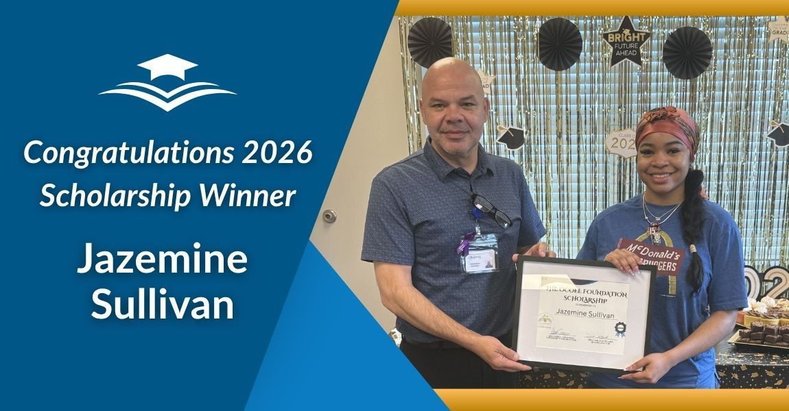 Congratulations 2026 Scholarship Winner Jazemine Sullivan with a framed certificate on a blue background.