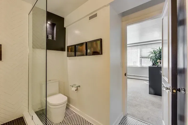 A bathroom with a toilet and a walk in shower.