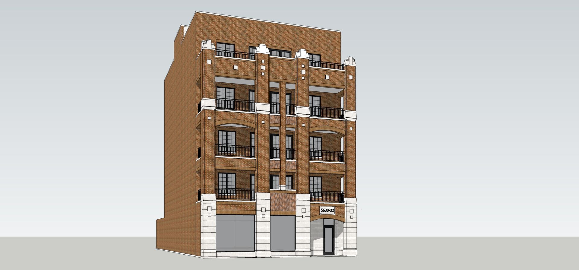 A 3d model of a brick building with balconies