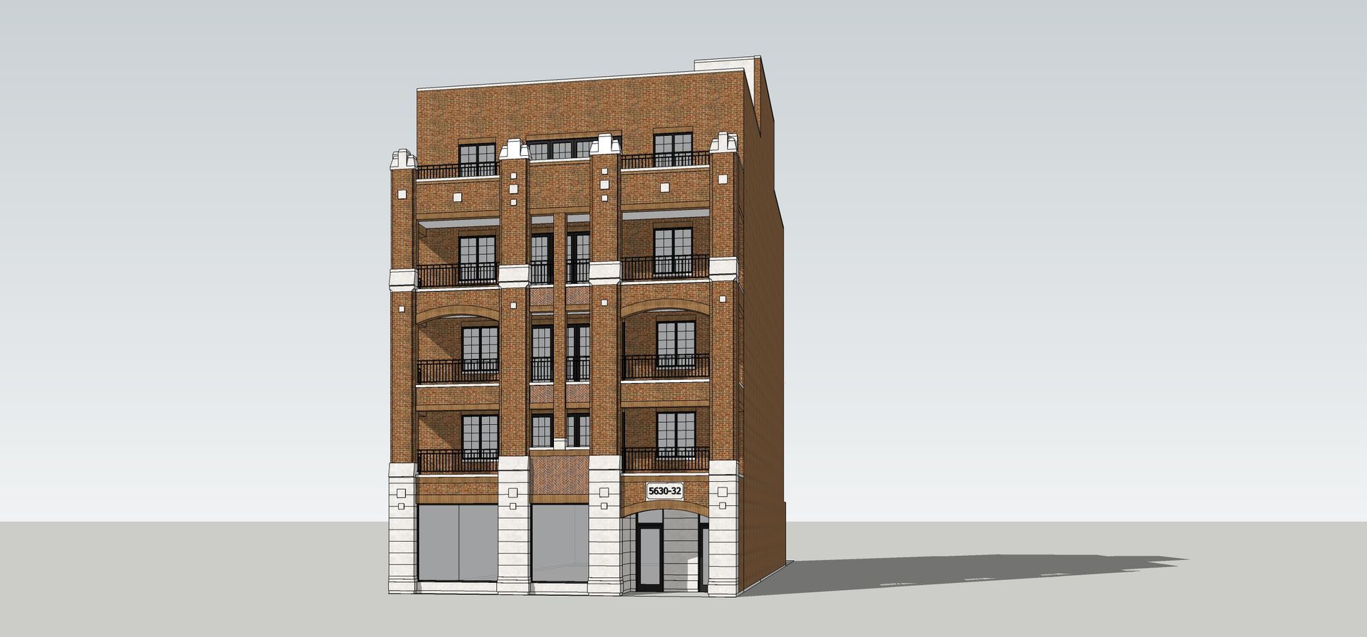 A 3d model of a brick apartment building