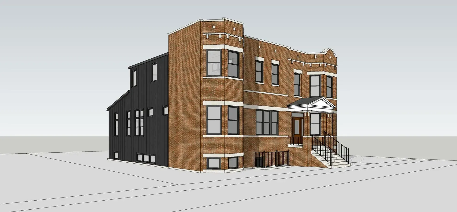 A 3d model of a brick building with a black roof