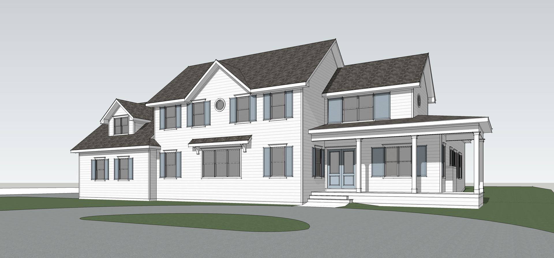 A 3d model of a large white house with a porch.