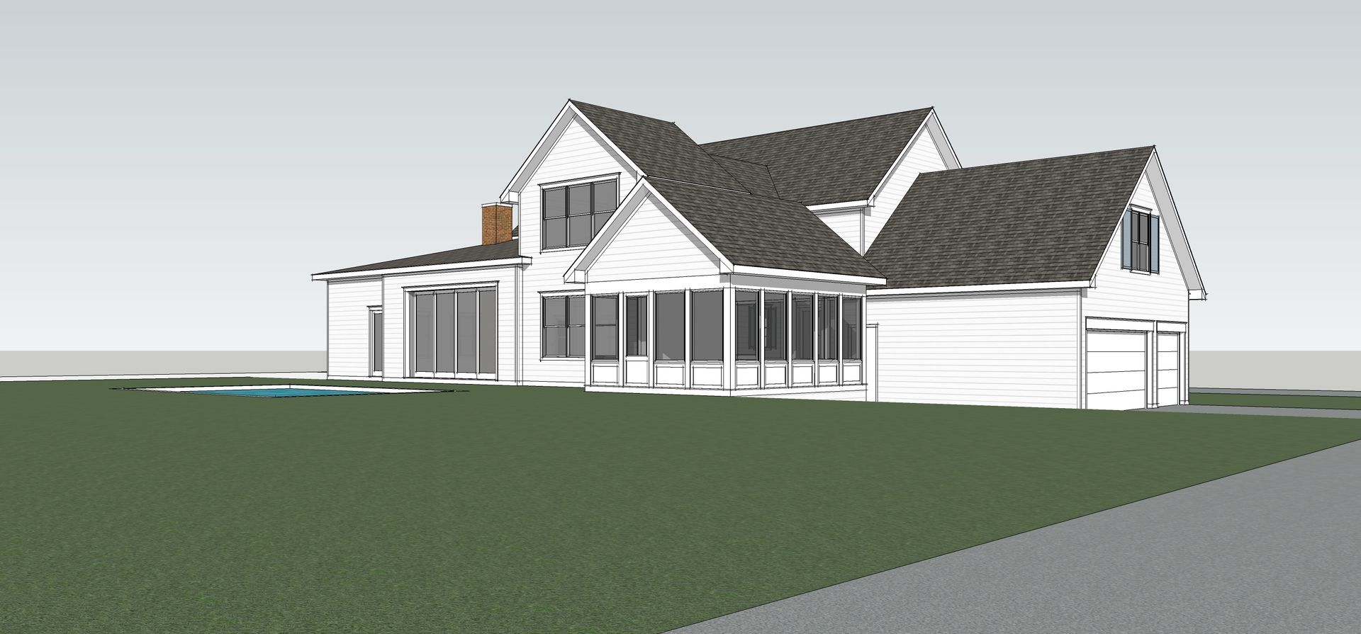 A 3d model of a white house with a brown roof