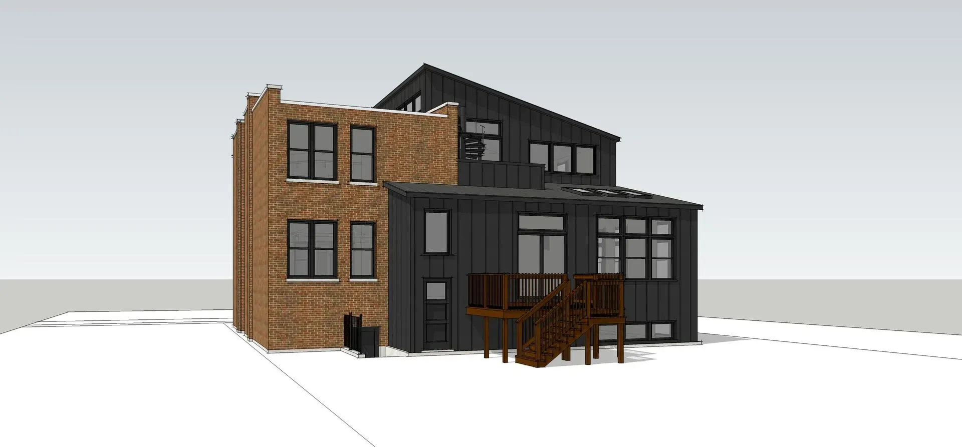 A 3d model of a house with a lot of windows and a deck.
