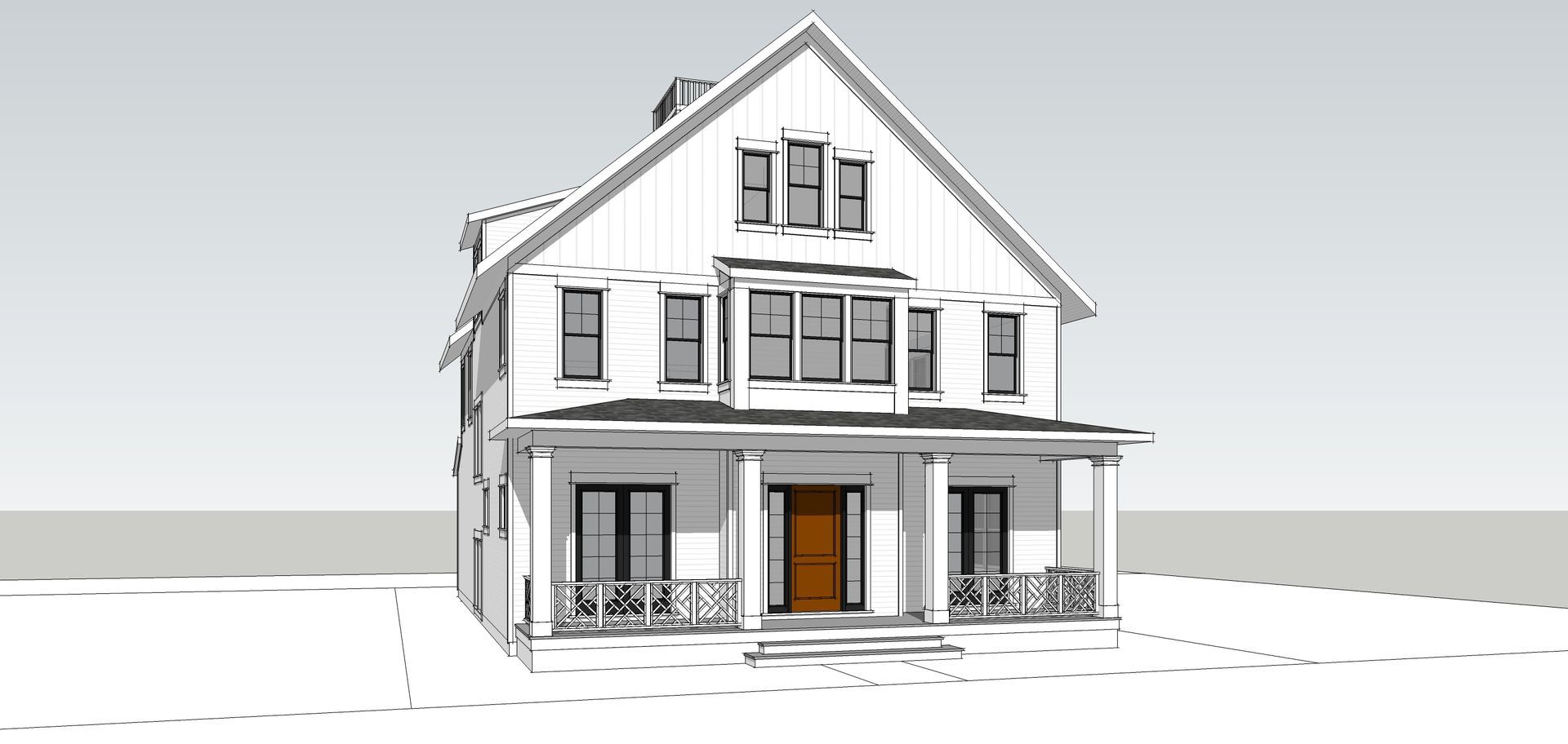 A black and white drawing of a house with a porch