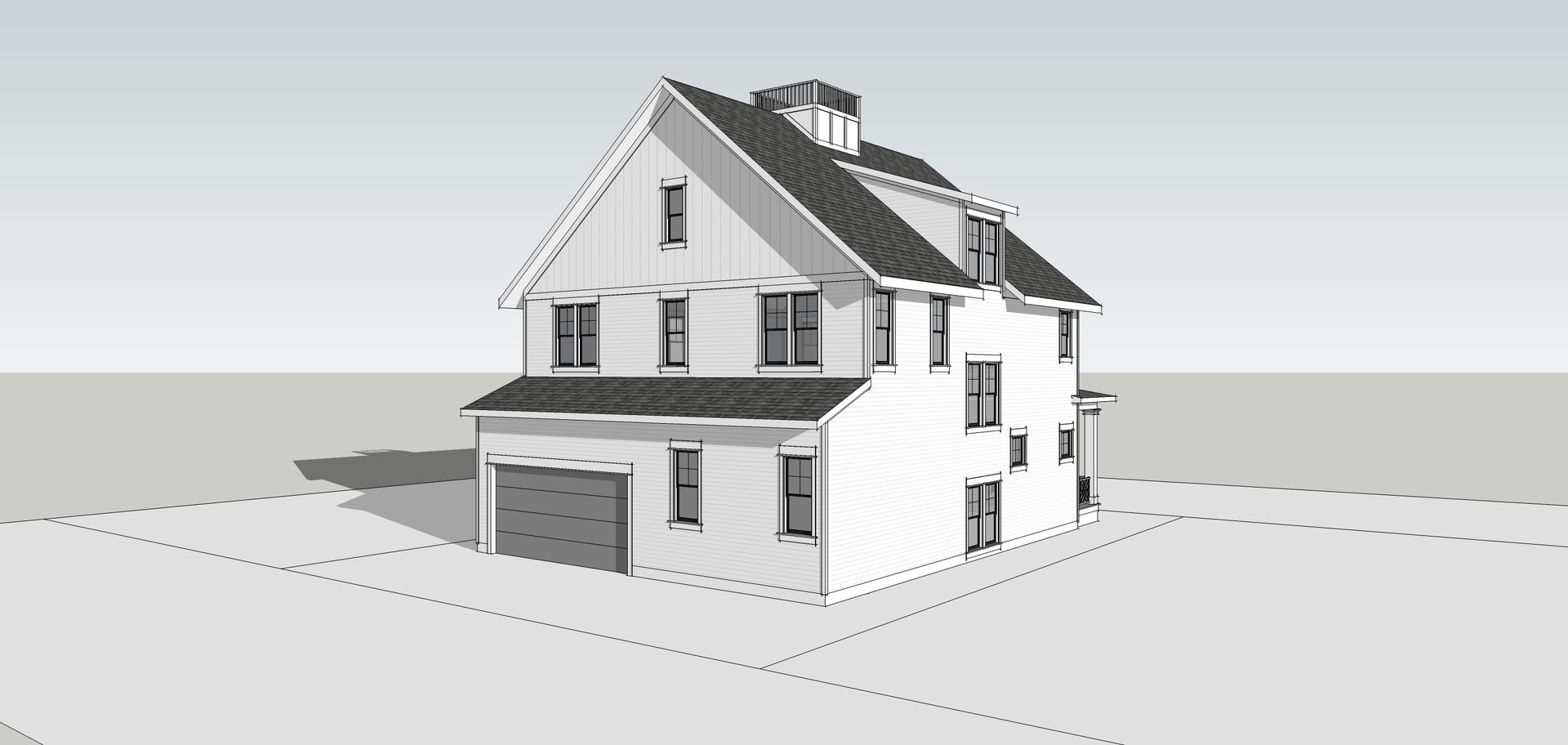 A black and white drawing of a house with a garage.