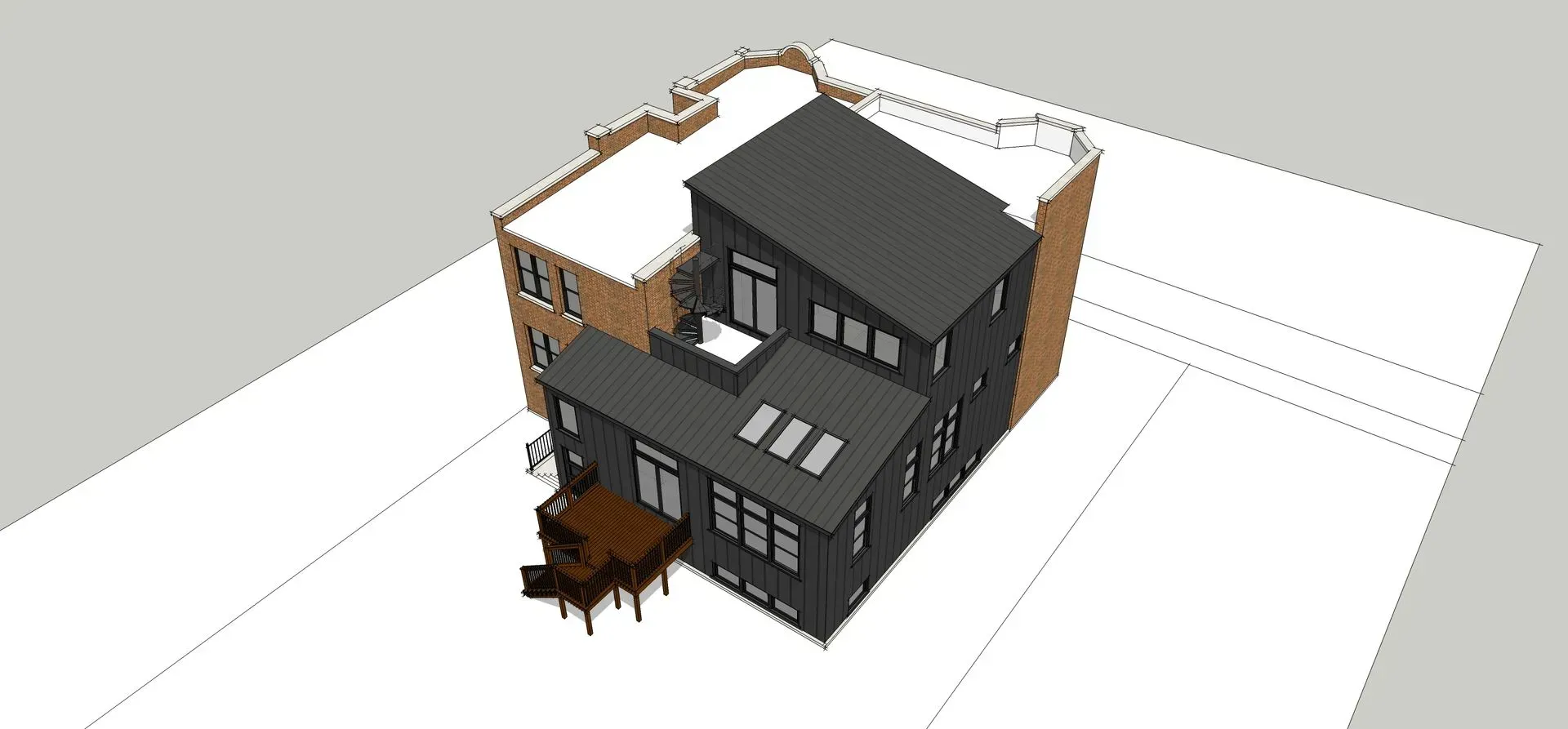 An aerial view of a building with a table in front of it
