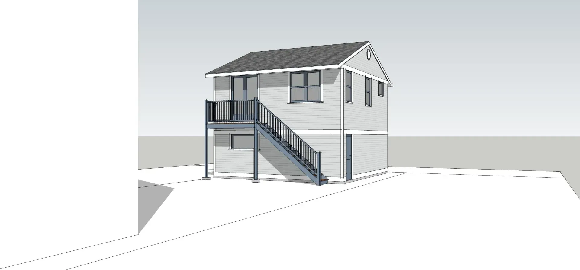 A 3d model of a small house with stairs