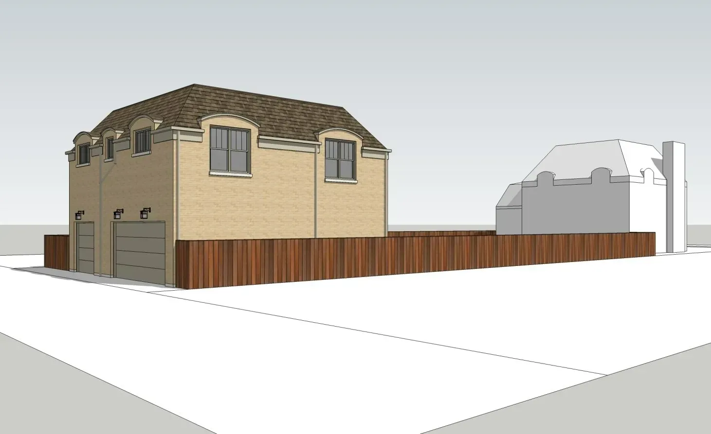 A 3d model of a house with a wooden fence