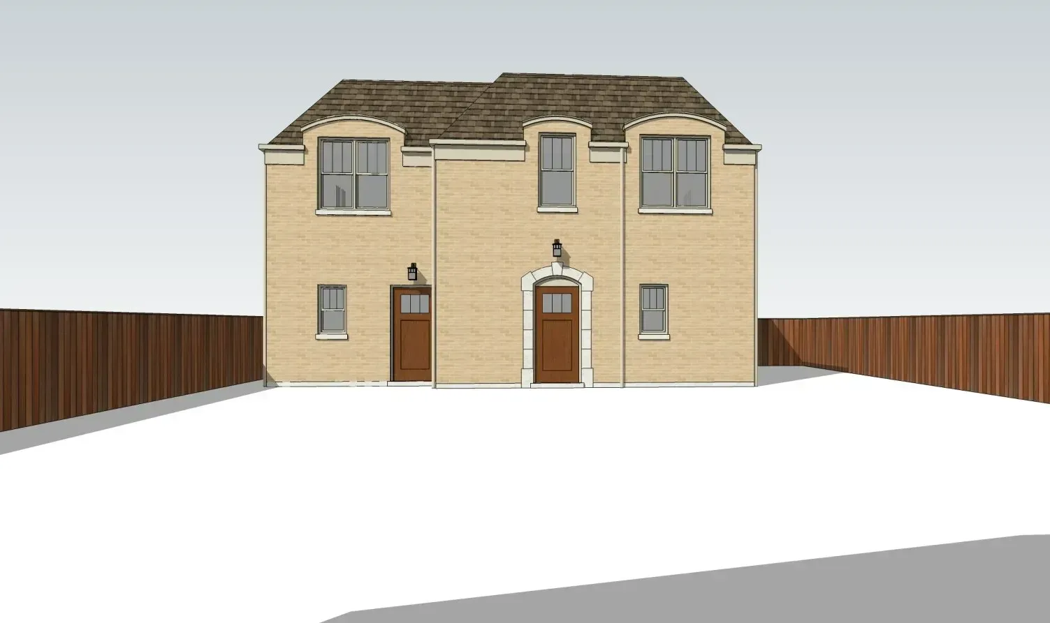 A 3d model of a house with a wooden fence around it