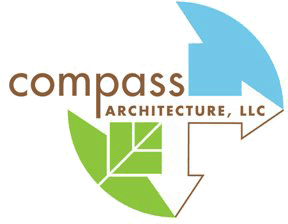 The logo for compass architecture llc has a blue arrow and green leaves