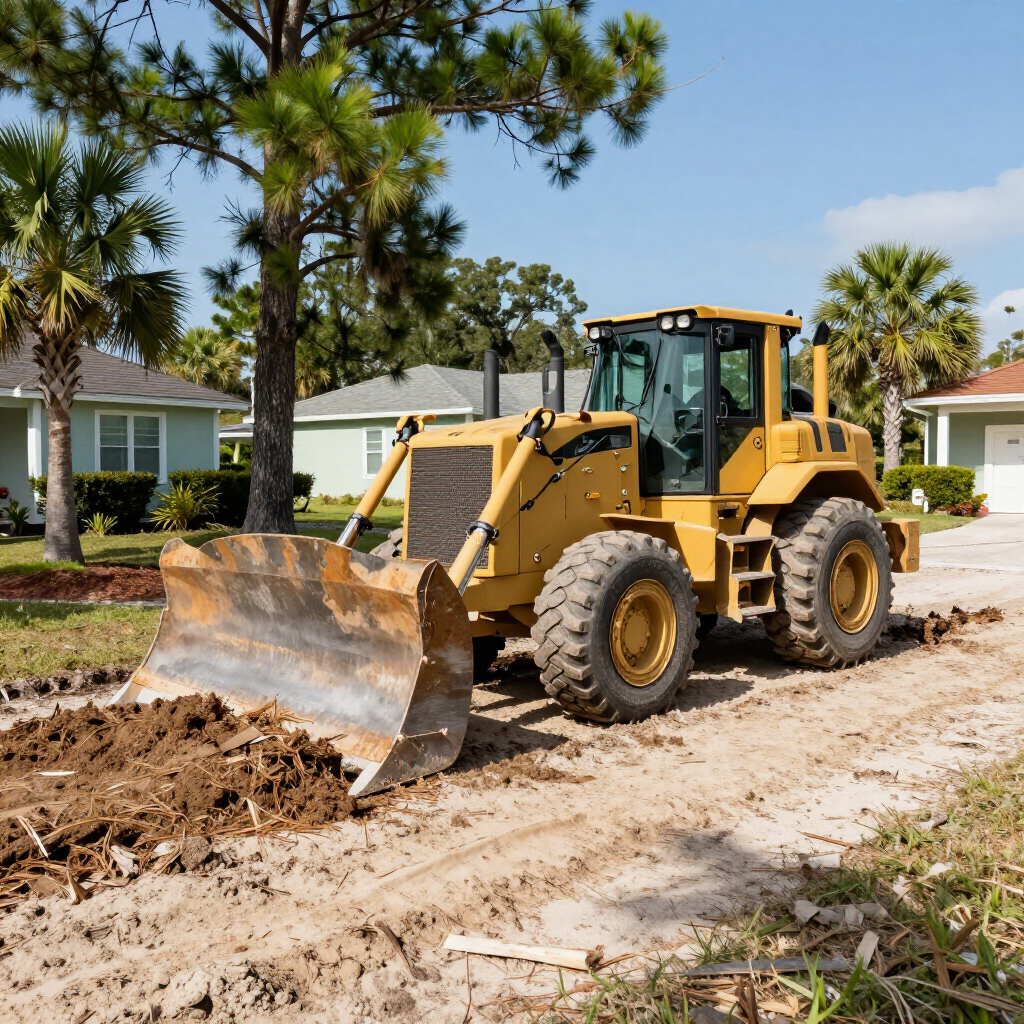 Yellow front loader clearing dirt along a residential street lined with palm trees and houses