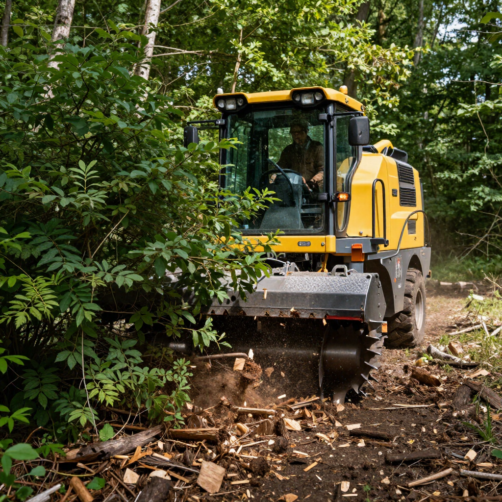 Yellow forestry excavator clearing brush in a wooded area
