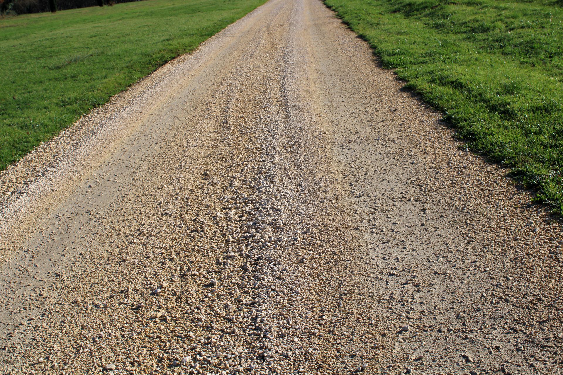 Gravel road stretching into the distance, bordered by green grass on both sides. Gravel road stretching into the distance, bordered by green grass on both sides.