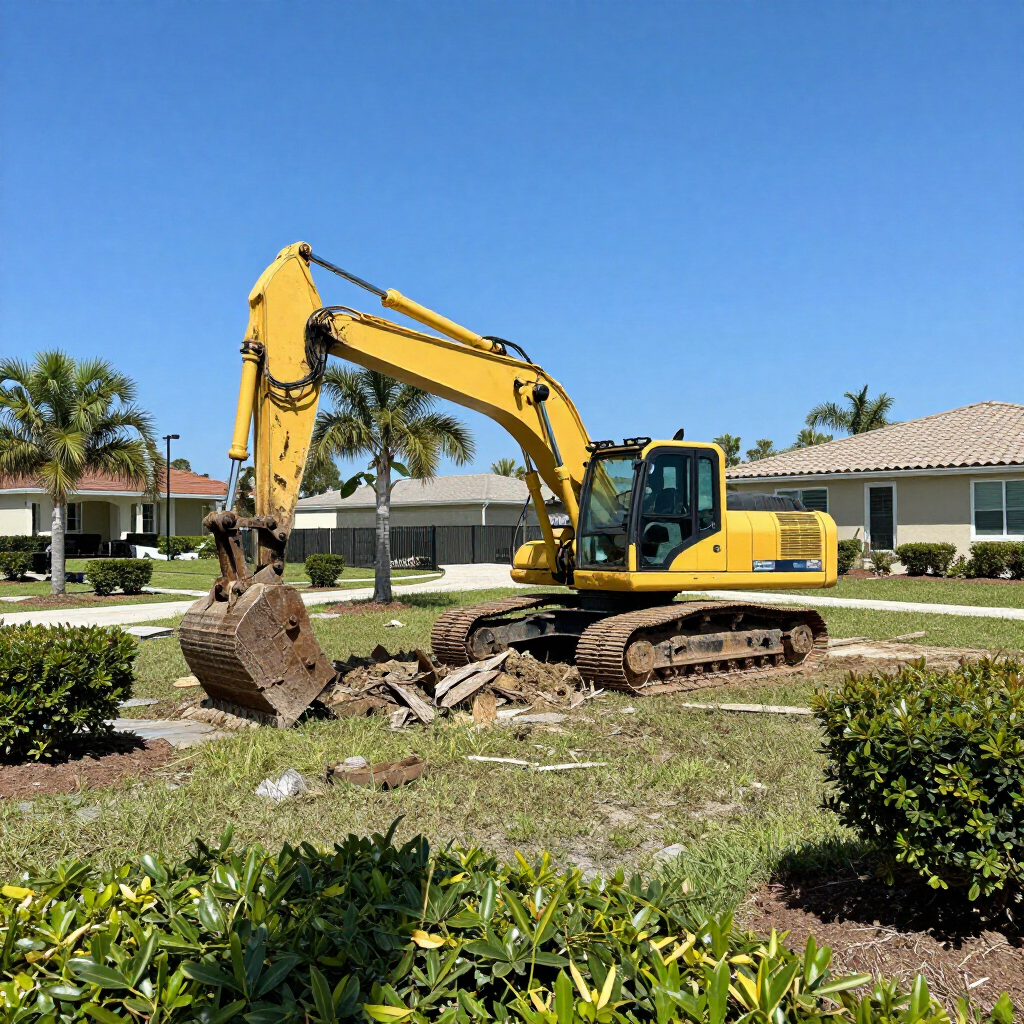 Yellow excavator digging up concrete in a sunny suburban neighborhood lawn