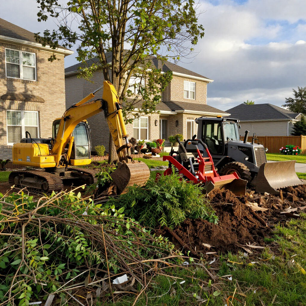 Yellow excavator and black loader clearing a tree stump in a suburban front yard.