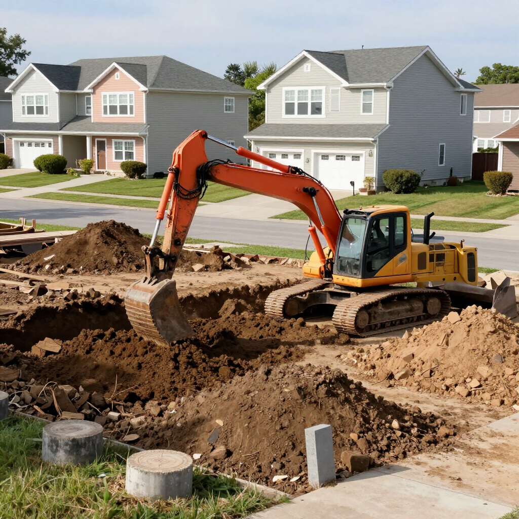 Orange excavator digging a large trench in a suburban construction site with houses nearby