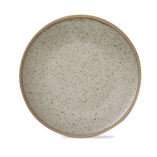 A white plate with a brown rim on a white background