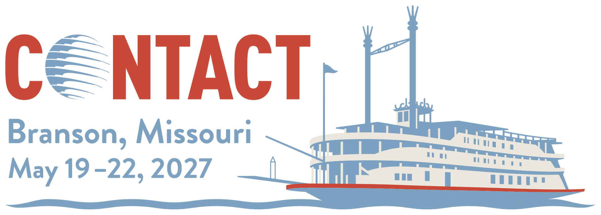 CONTACT conference logo with Branson, Missouri and dates May 19–22, 2027, beside a riverboat illustration
