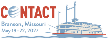 CONTACT conference logo with Branson, Missouri and dates May 19–22, 2027, beside a riverboat illustration