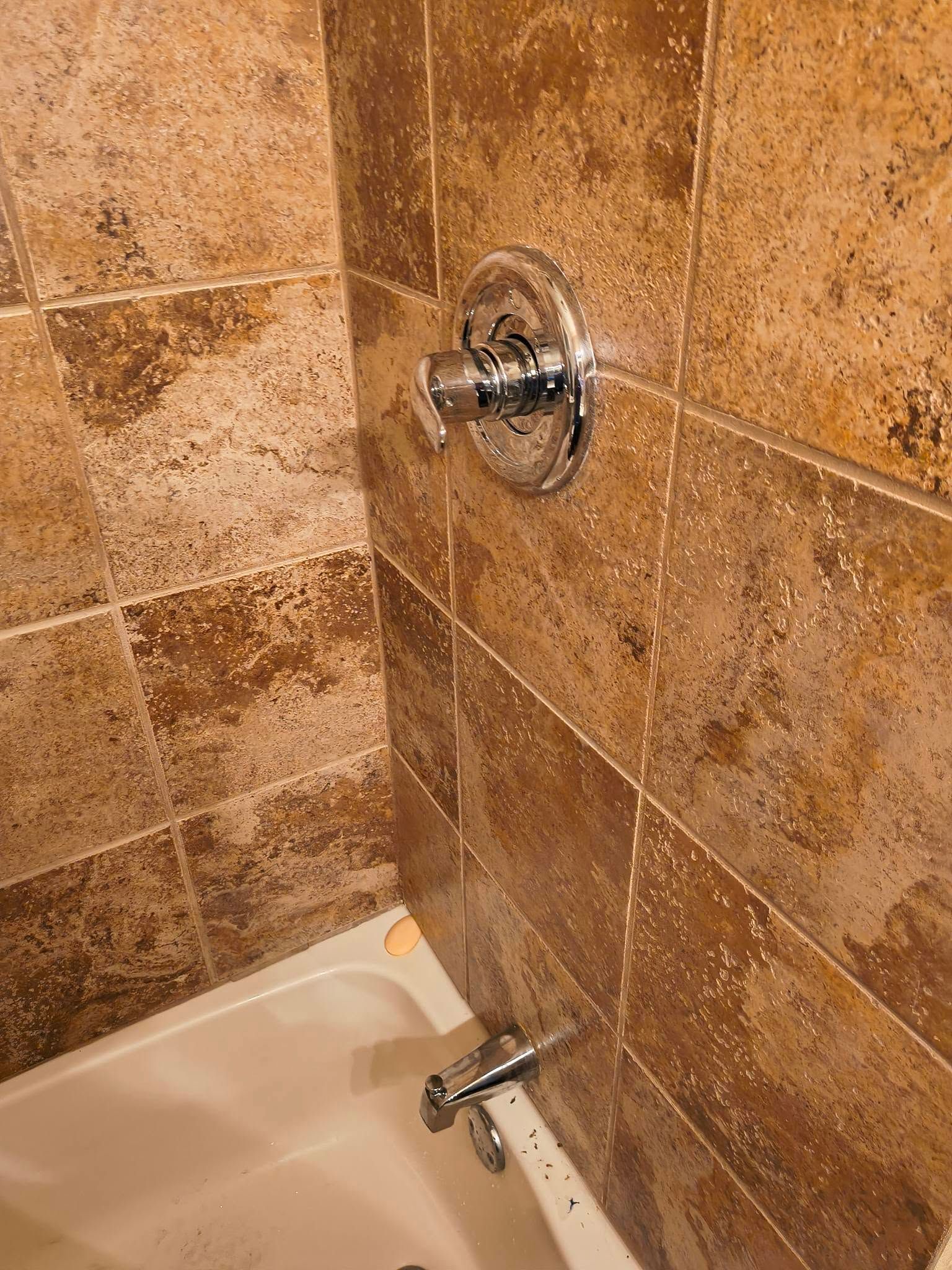 Tiled shower with chrome shower head and tub faucet above a white tub.