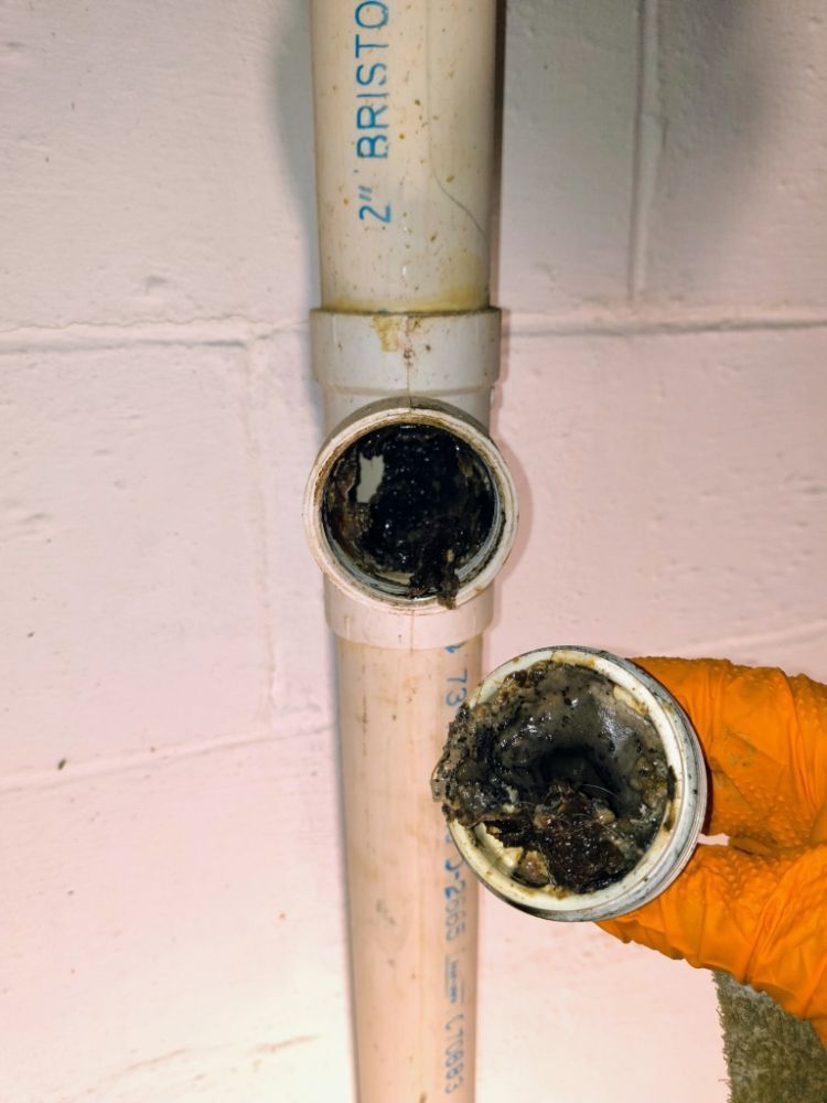 Open PVC pipe with a broken joint and a gloved hand holding a damaged pipe fitting.