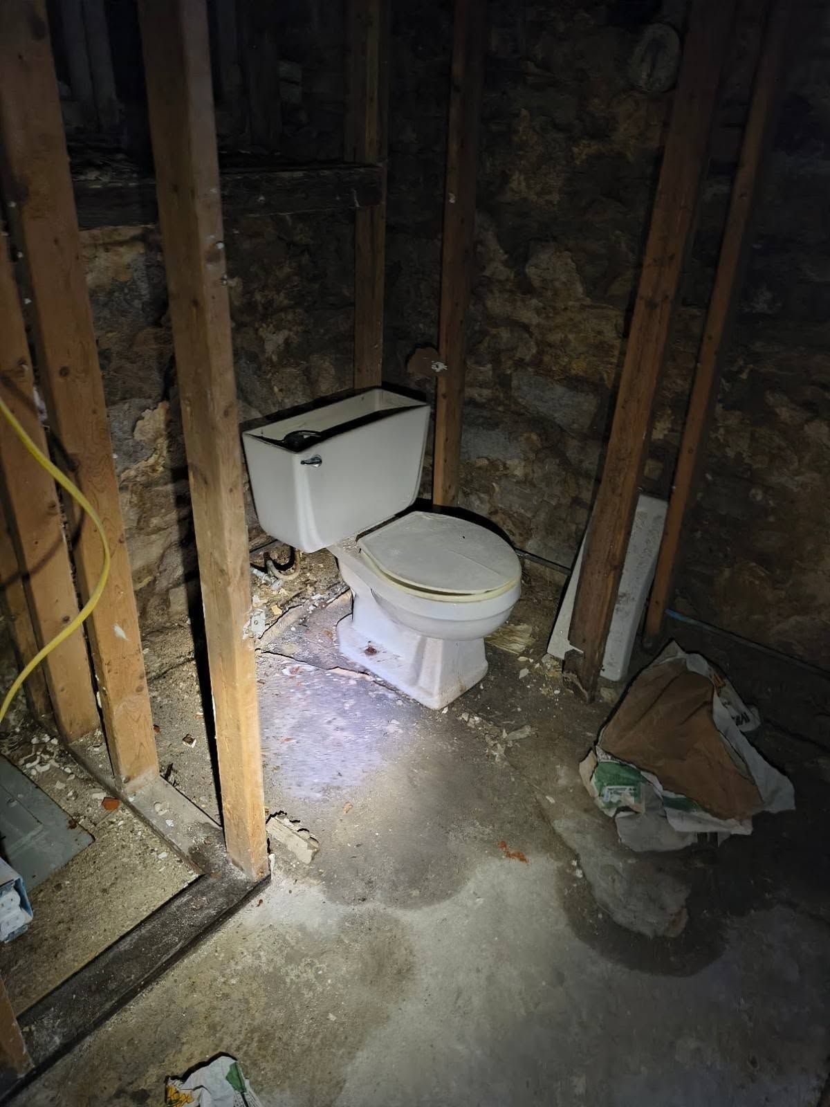 Toilet in an unfinished basement with exposed wooden studs and rough concrete floor.
