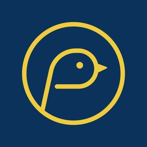 Yellow bird outline within a yellow circle on a navy blue background. Purple Martin Hotel