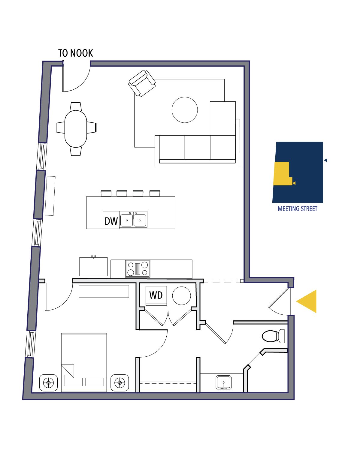 Floor plan of an apartment with dining area, living room, kitchen, bathroom, and laundry area. Purple Martin Hotel