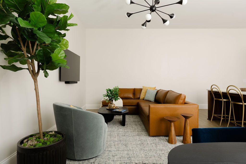 Modern living room with leather sectional, area rug, accent chair, and large potted plant.