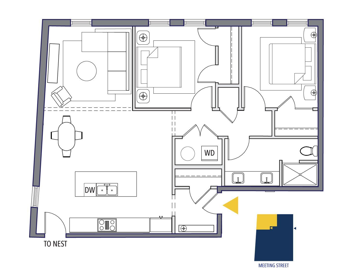 Floor plan of a two-bedroom apartment. Includes kitchen, living room, bathrooms, and bedrooms, with a 