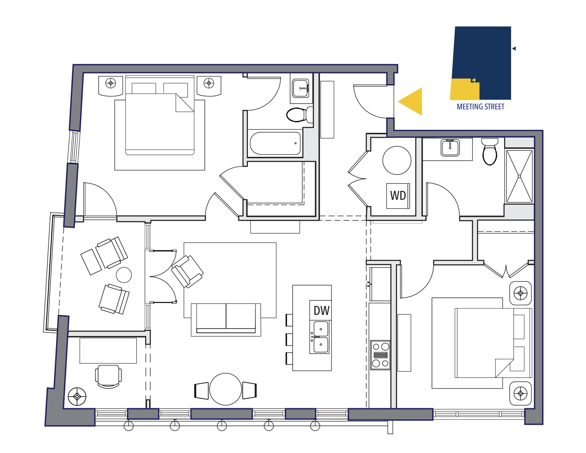 Floor plan of a two-bedroom apartment, showing rooms and furniture layout in black and white. Purple Martin Hotel