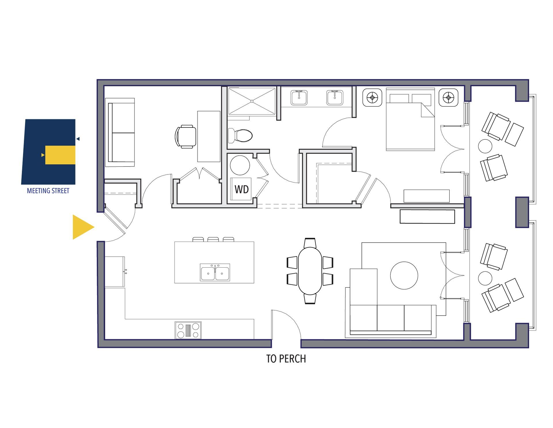 Floor plan of a one-bedroom apartment with a living area, kitchen, bathroom, and balcony. Purple Martin Hotel