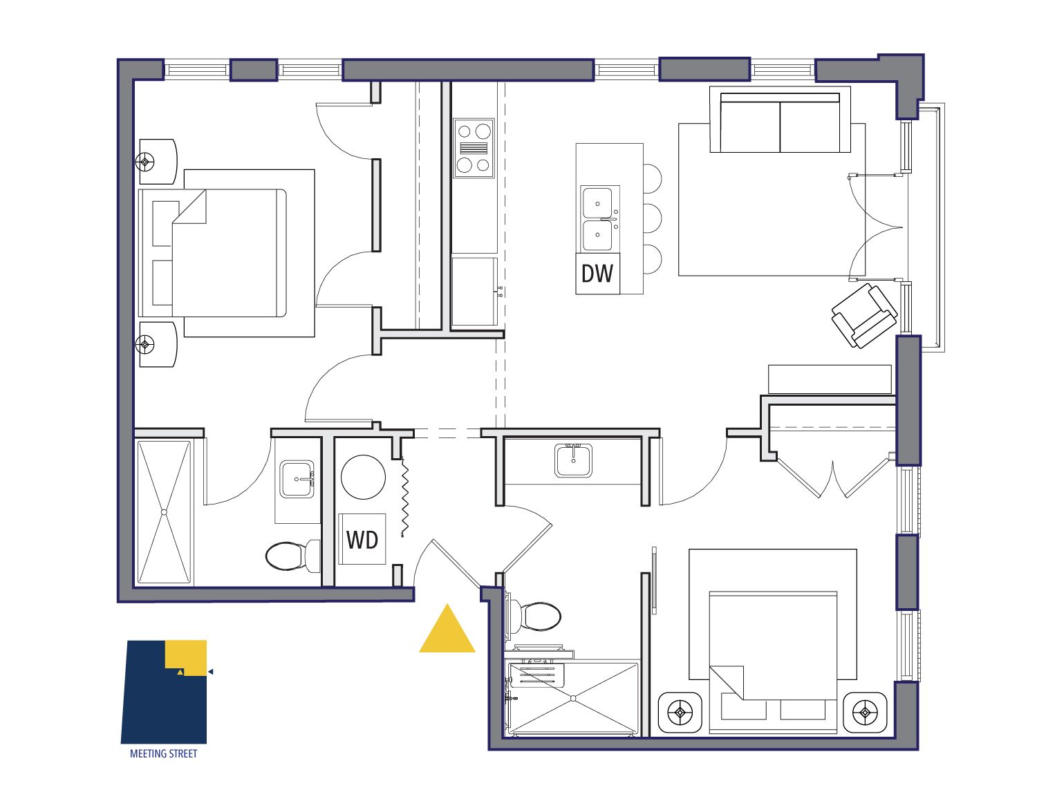Floor plan with two bedrooms, living area, and kitchen. Purple Martin Hotel