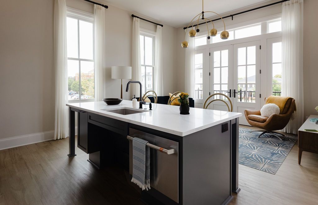 Modern kitchen with island, doors to balcony, hardwood floors, and large windows. Purple Martin Hotel