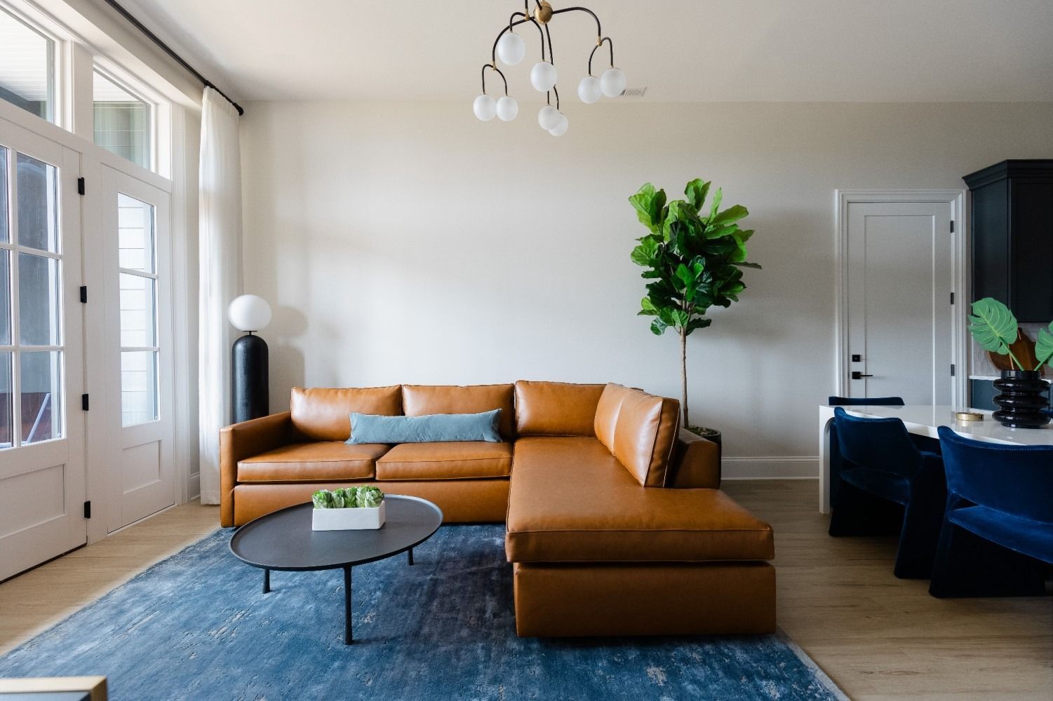 Living room with brown sectional sofa, blue rug, and modern decor. Purple Martin Hotel