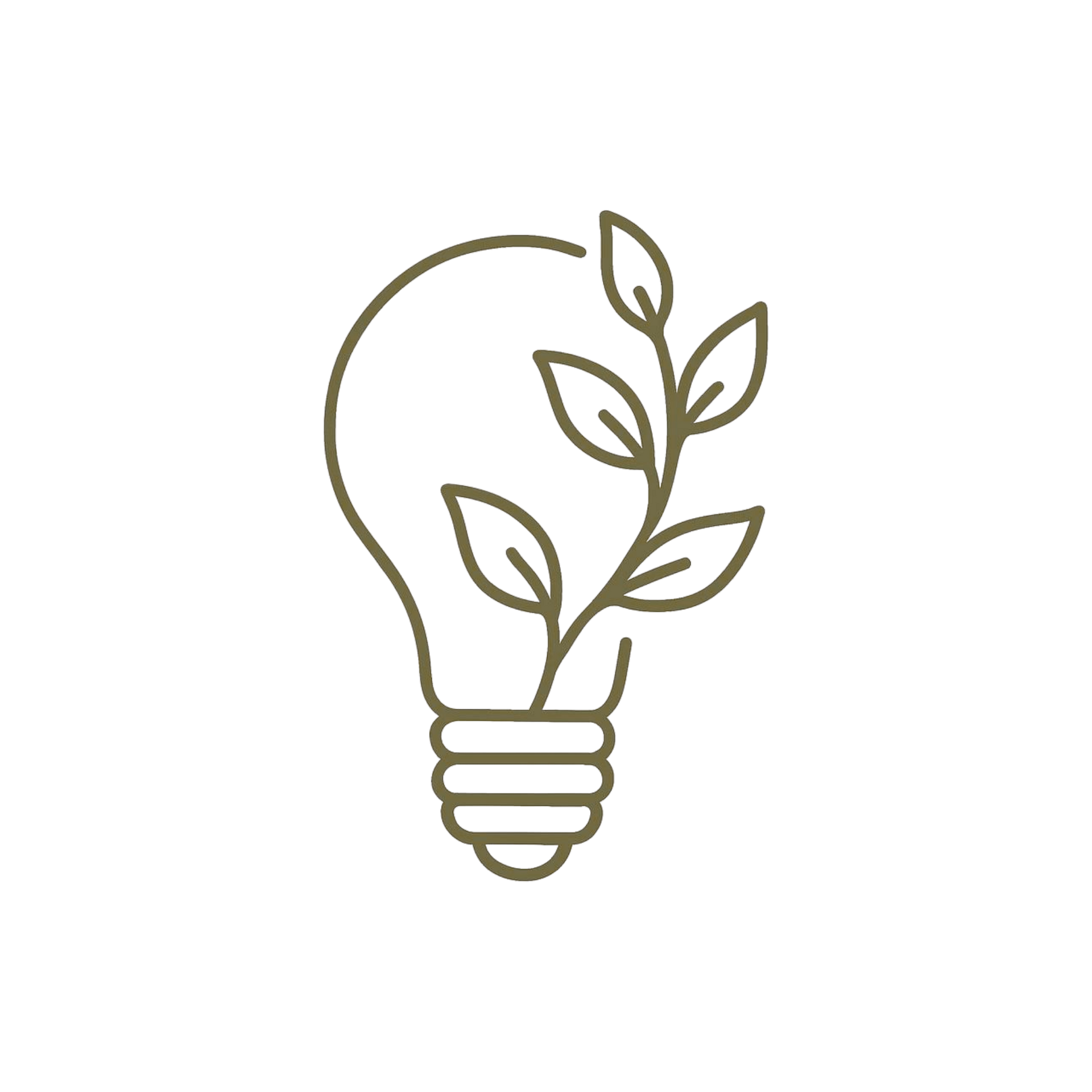 Minimalist line-art light bulb with plant leaves growing from the filament, in olive green.