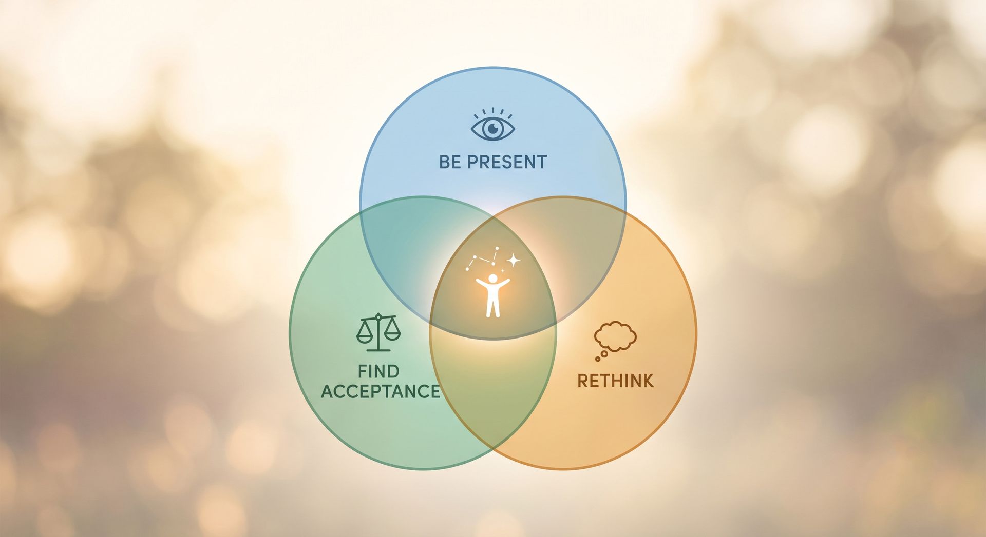 Three overlapping blue, green, and orange circles labeled respect, acceptance, and trust around a person silhouette