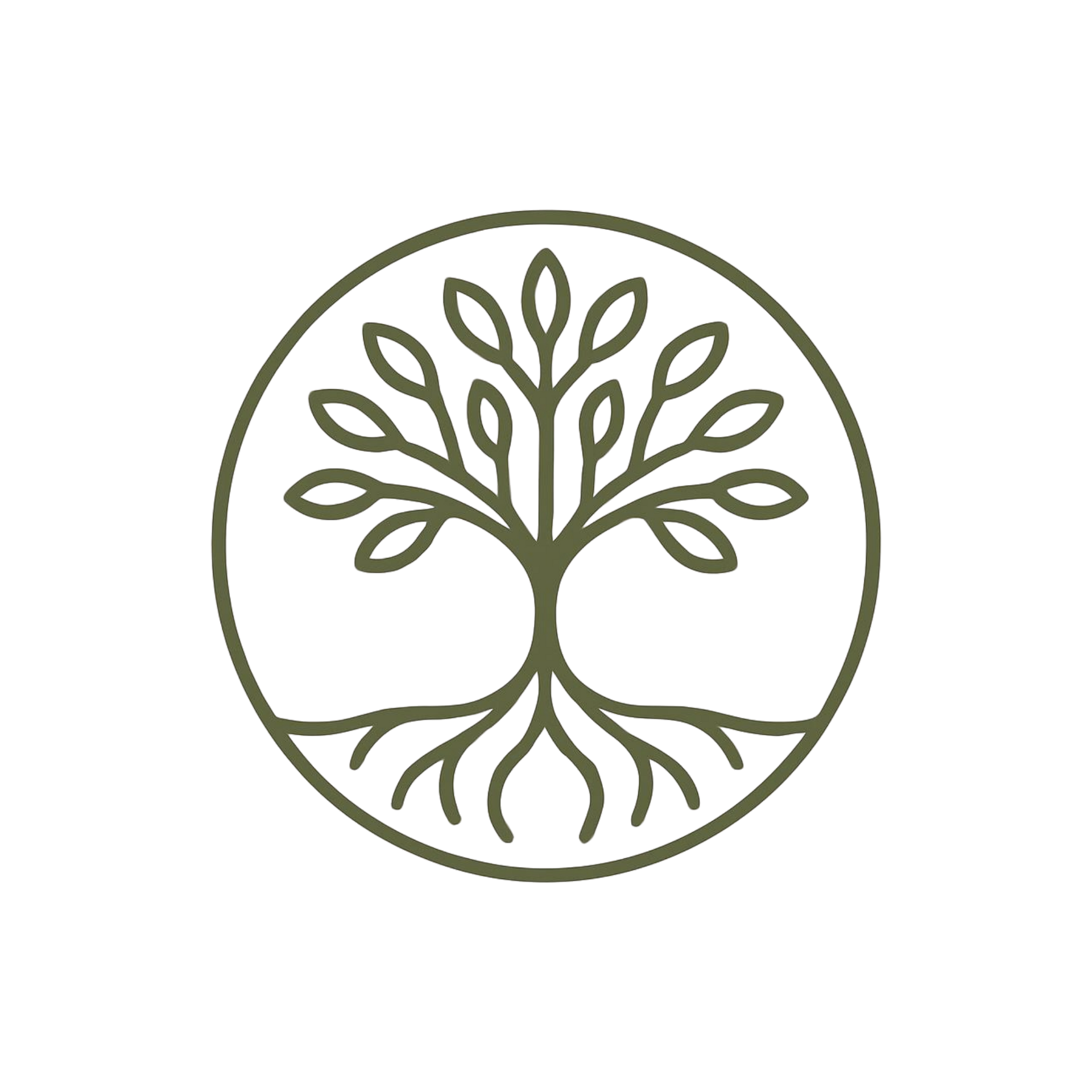Stylized olive-green tree inside a circle, with roots and branches forming a symmetrical nature logo